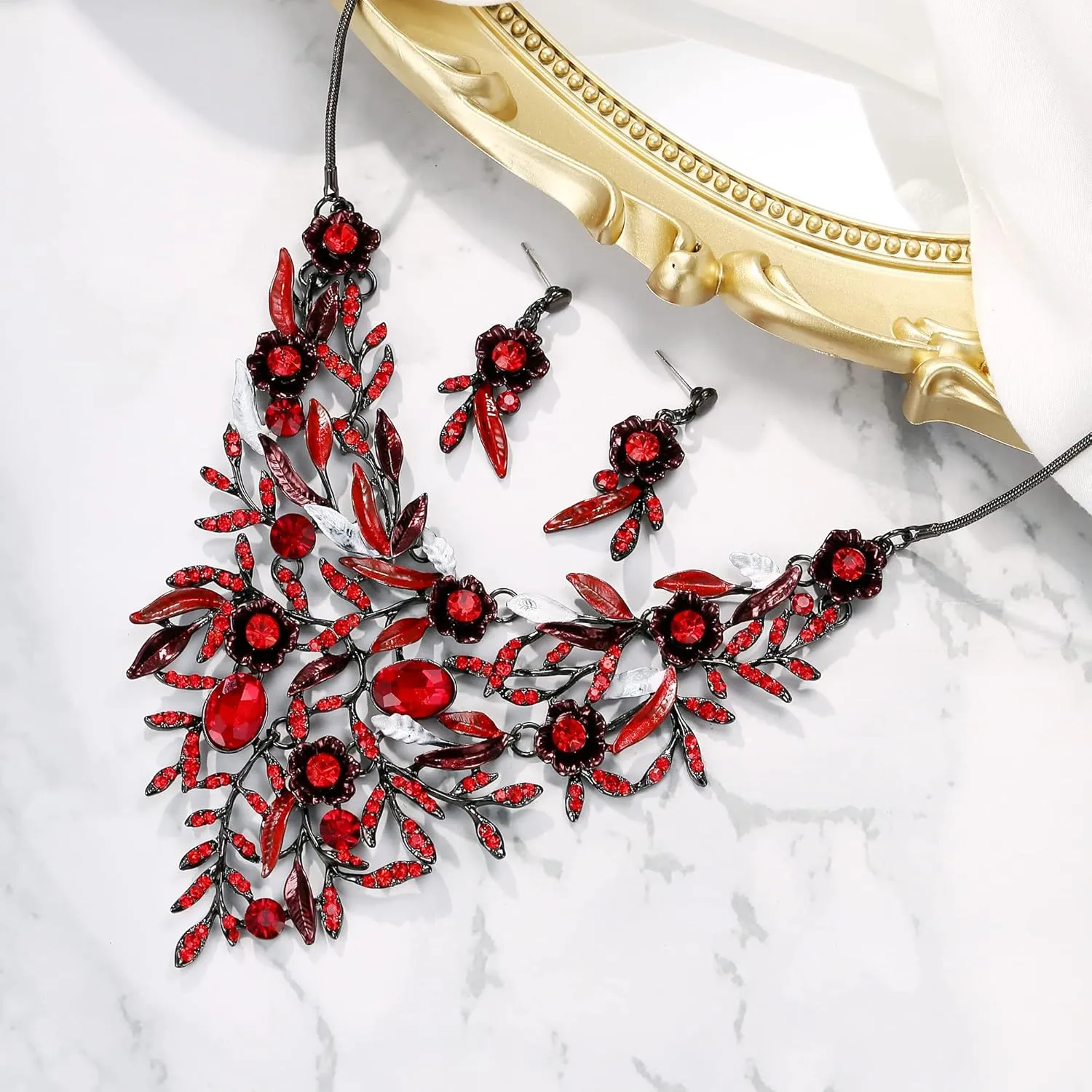 BriLove Wedding Bridal Leaf Cluster Jewelry Set for Women Crystal Flower Enamel Statement Necklace Dangle Earrings