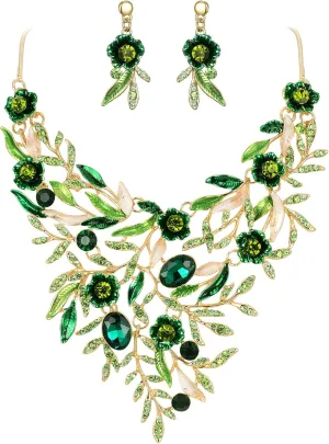 BriLove Wedding Bridal Leaf Cluster Jewelry Set for Women Crystal Flower Enamel Statement Necklace Dangle Earrings