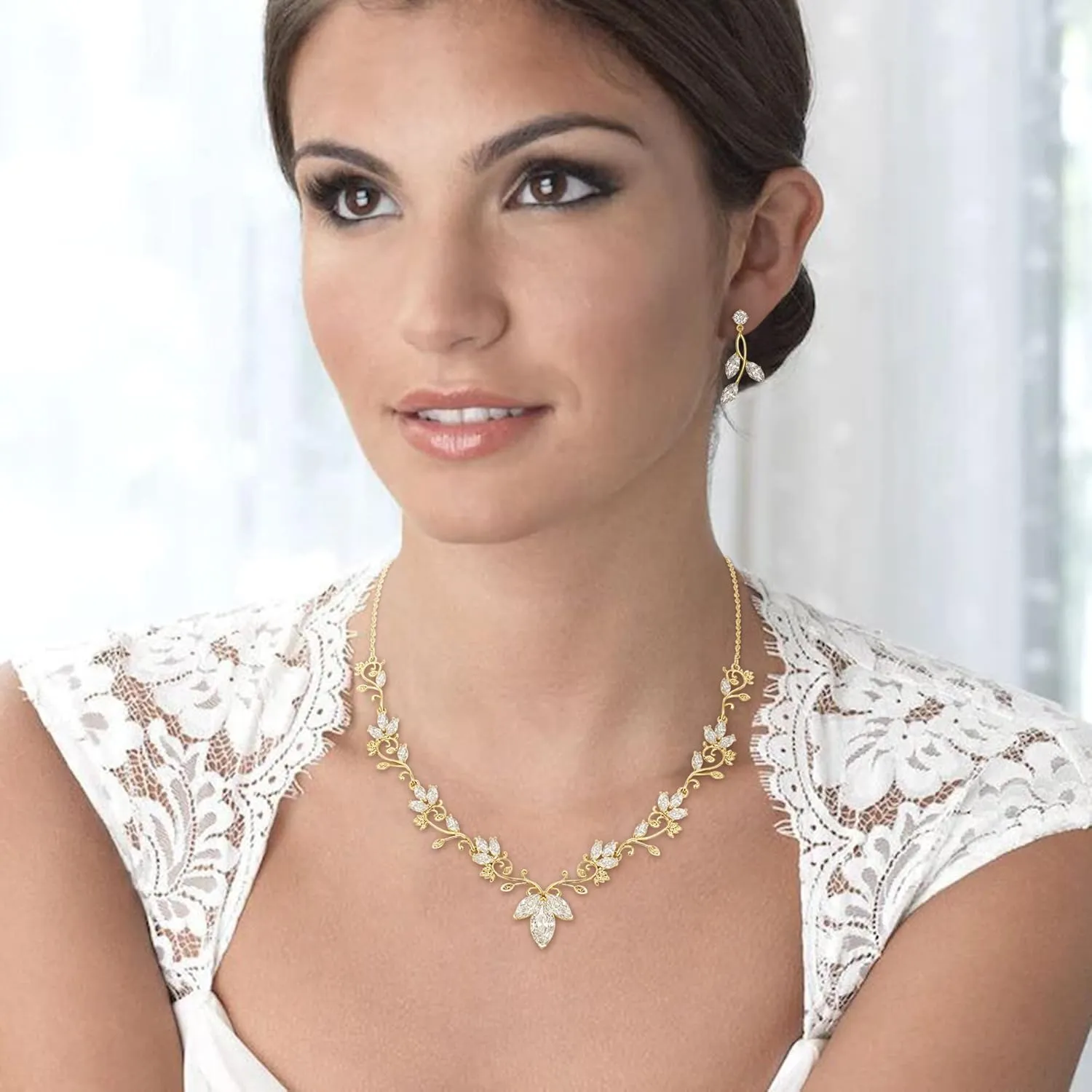 BriLove Wedding Jewelry Set for Women CZ Teardrop Flower Leaf Filigree Necklace Earrings Party Prom Accessories