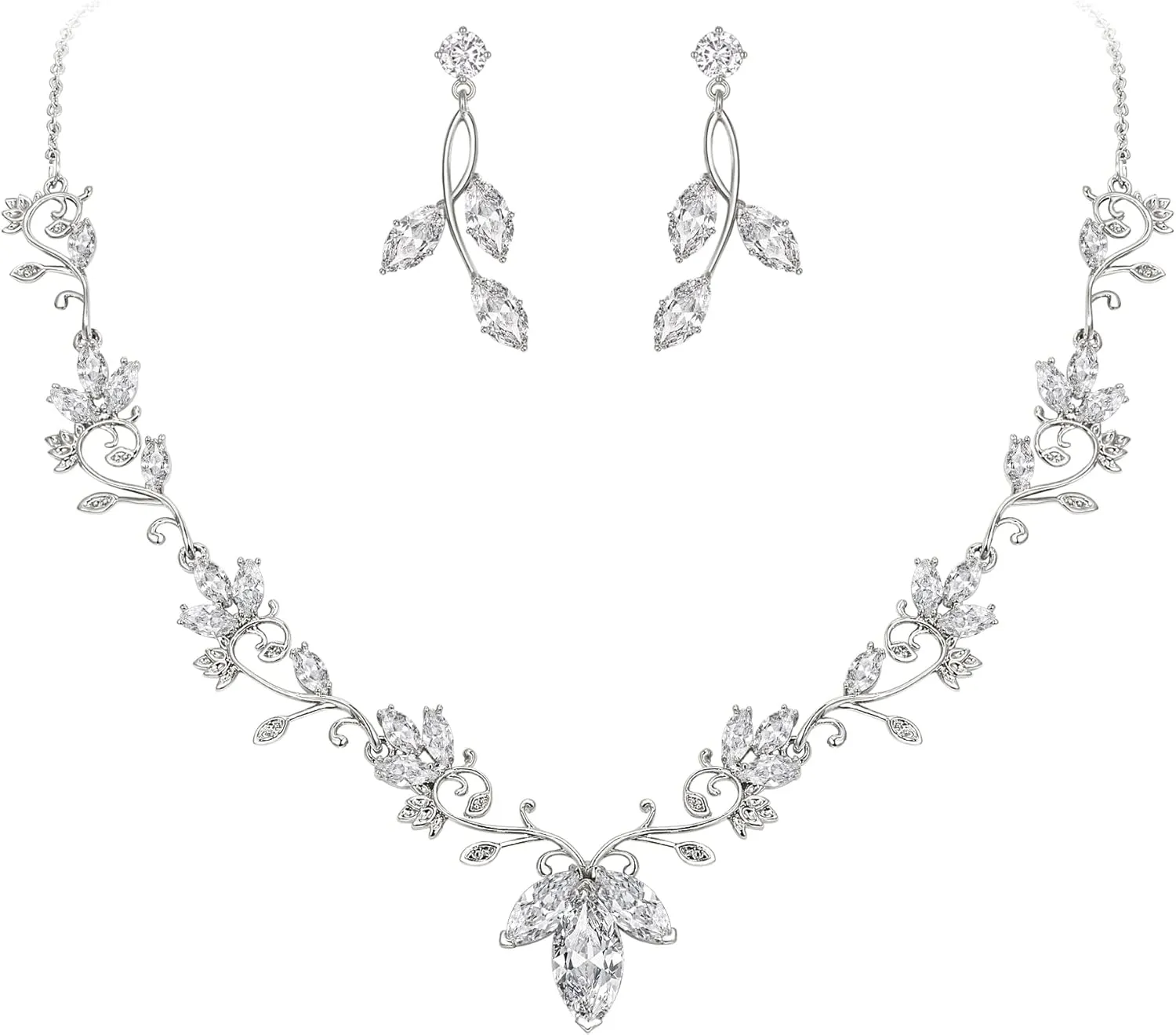 BriLove Wedding Jewelry Set for Women CZ Teardrop Flower Leaf Filigree Necklace Earrings Party Prom Accessories