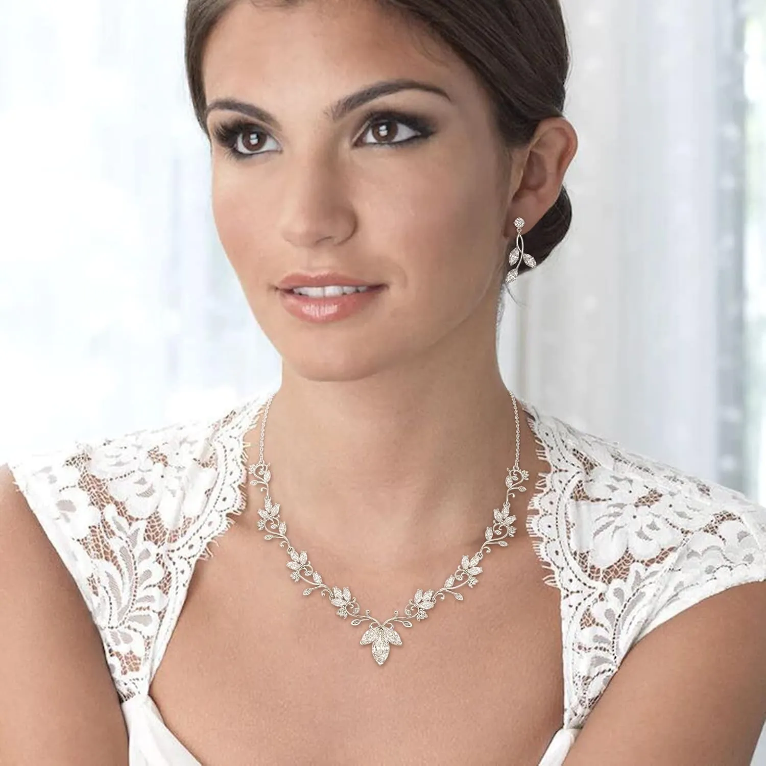 BriLove Wedding Jewelry Set for Women CZ Teardrop Flower Leaf Filigree Necklace Earrings Party Prom Accessories