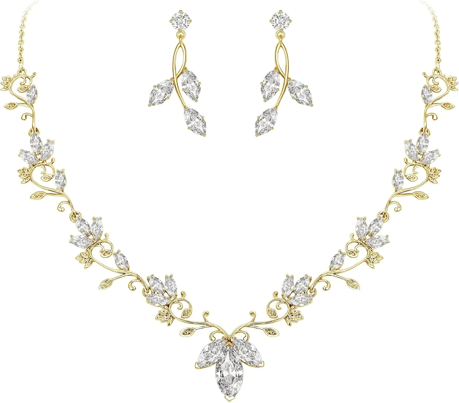 BriLove Wedding Jewelry Set for Women CZ Teardrop Flower Leaf Filigree Necklace Earrings Party Prom Accessories