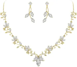 BriLove Wedding Jewelry Set for Women CZ Teardrop Flower Leaf Filigree Necklace Earrings Party Prom Accessories
