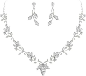 BriLove Wedding Jewelry Set for Women CZ Teardrop Flower Leaf Filigree Necklace Earrings Party Prom Accessories