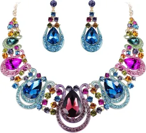 BriLove Women's Costume Fashion Crystal Teardrop Hollow Scroll Statement Necklace Dangle Earrings Set