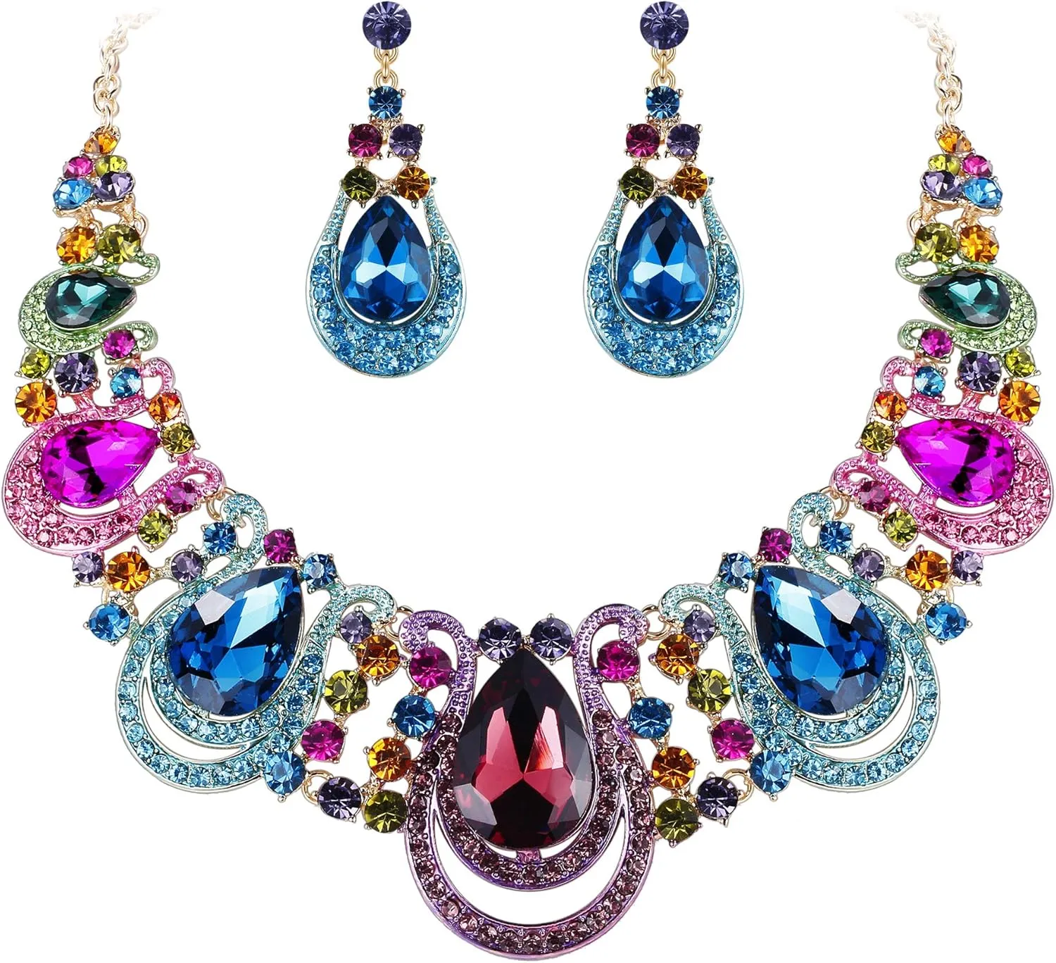 BriLove Women's Costume Fashion Crystal Teardrop Hollow Scroll Statement Necklace Dangle Earrings Set