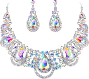 BriLove Women's Costume Fashion Crystal Teardrop Hollow Scroll Statement Necklace Dangle Earrings Set