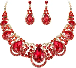 BriLove Women's Costume Fashion Crystal Teardrop Hollow Scroll Statement Necklace Dangle Earrings Set