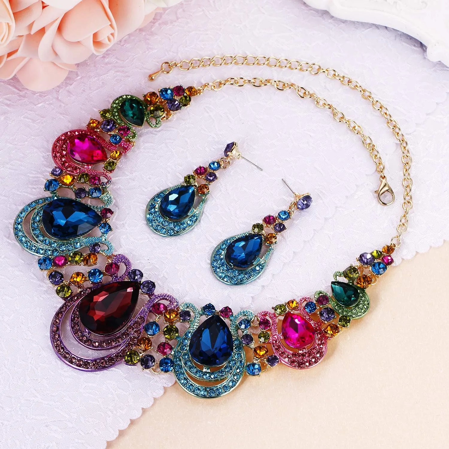 BriLove Women's Costume Fashion Crystal Teardrop Hollow Scroll Statement Necklace Dangle Earrings Set