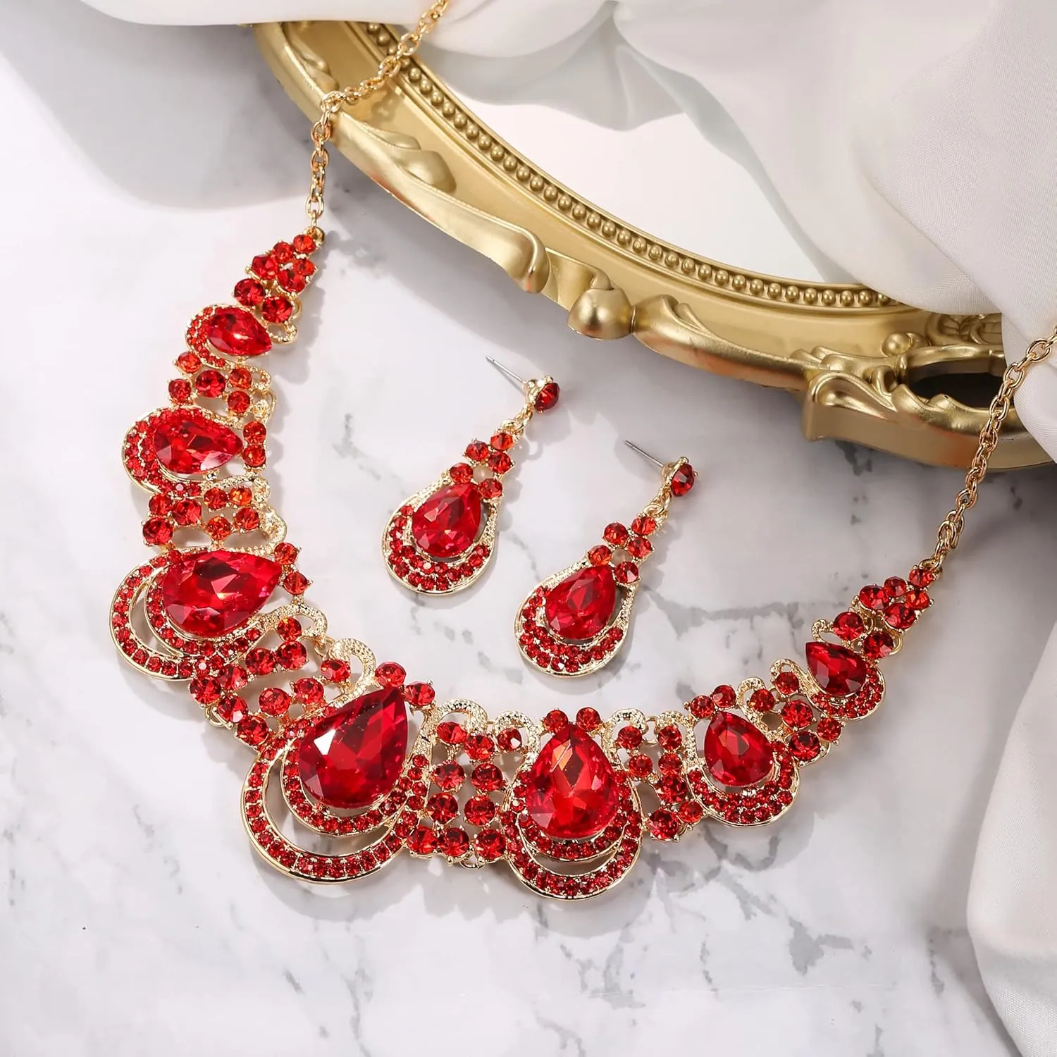 BriLove Women's Costume Fashion Crystal Teardrop Hollow Scroll Statement Necklace Dangle Earrings Set