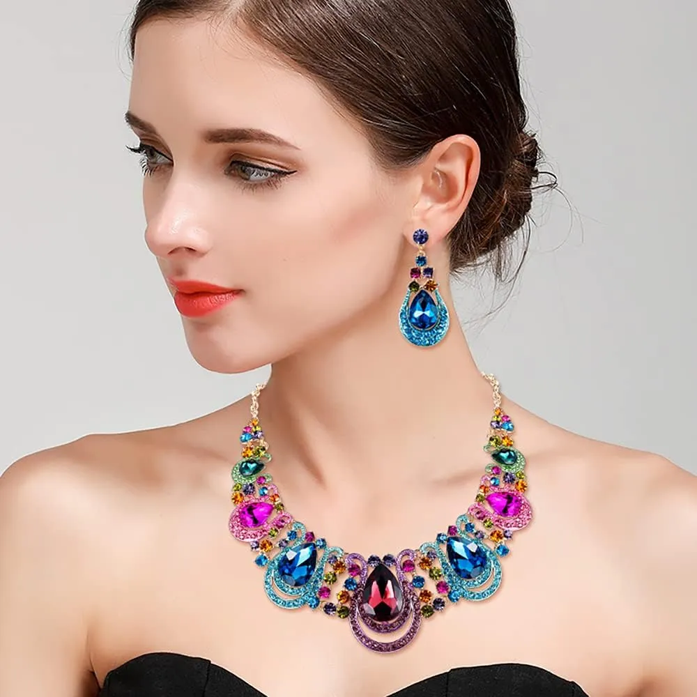 BriLove Women's Costume Fashion Crystal Teardrop Hollow Scroll Statement Necklace Dangle Earrings Set