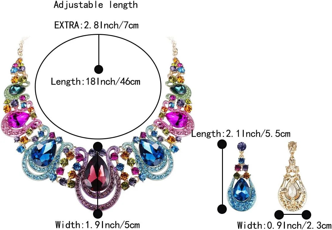 BriLove Women's Costume Fashion Crystal Teardrop Hollow Scroll Statement Necklace Dangle Earrings Set