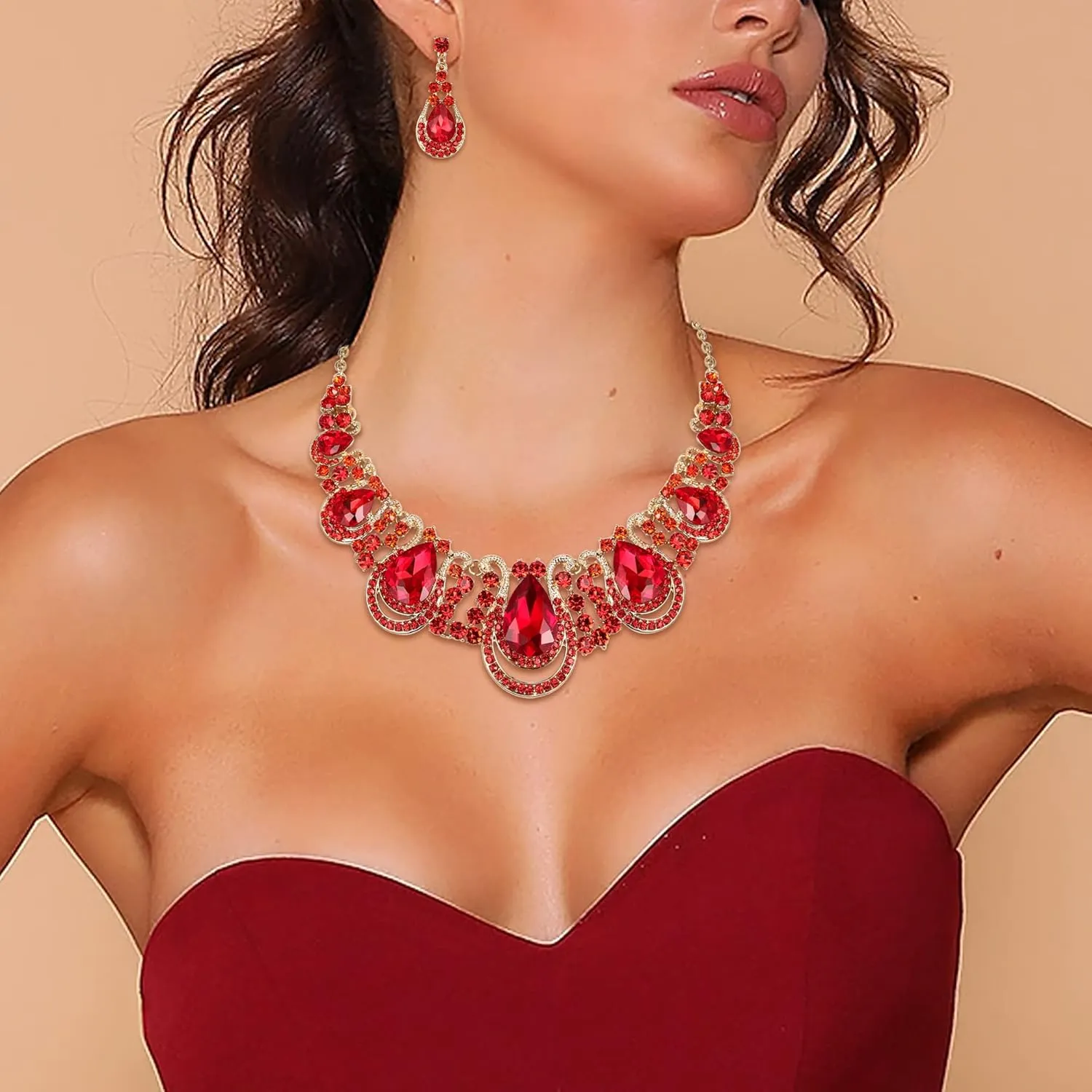 BriLove Women's Costume Fashion Crystal Teardrop Hollow Scroll Statement Necklace Dangle Earrings Set