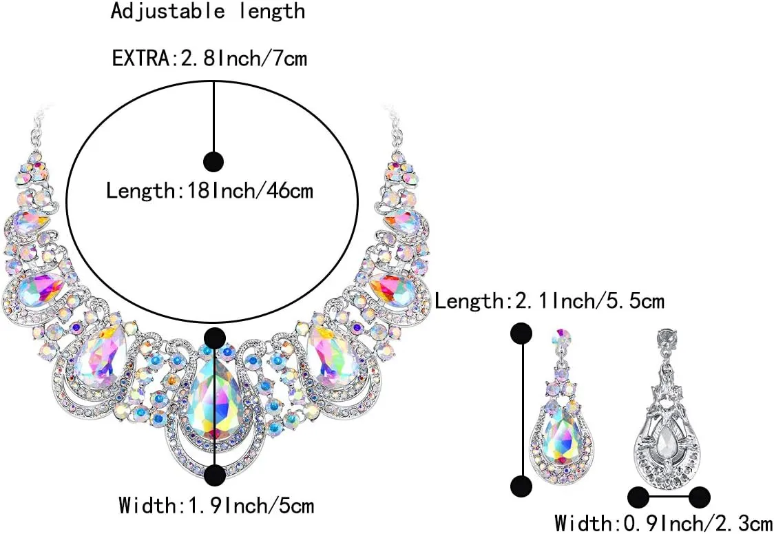 BriLove Women's Costume Fashion Crystal Teardrop Hollow Scroll Statement Necklace Dangle Earrings Set