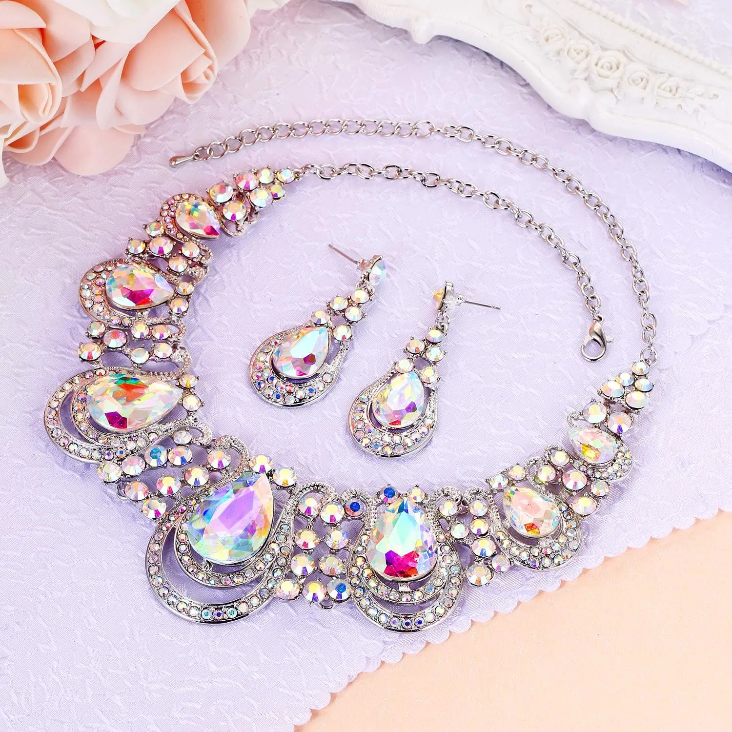 BriLove Women's Costume Fashion Crystal Teardrop Hollow Scroll Statement Necklace Dangle Earrings Set