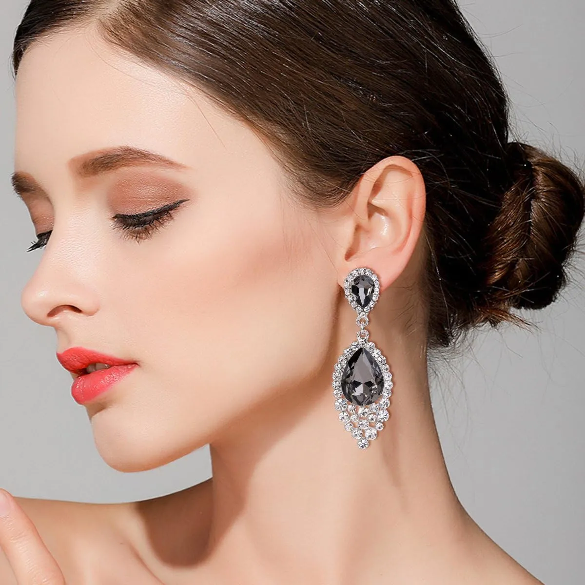 BriLove Women's Wedding Bridal Crystal Teardrop Cluster Beaded Chandelier Dangle Pierced Earrings