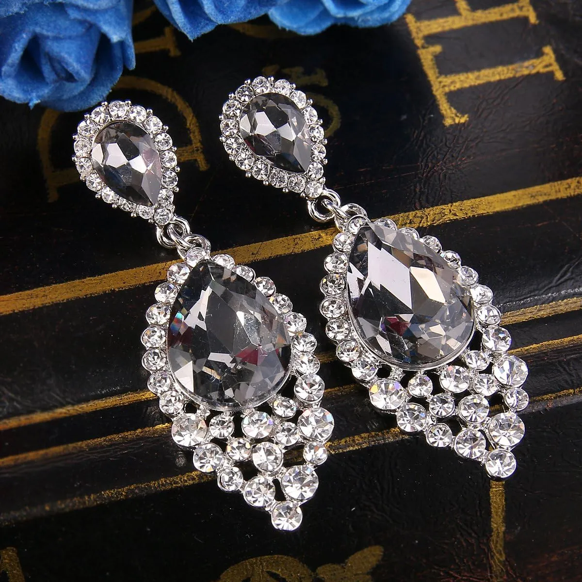 BriLove Women's Wedding Bridal Crystal Teardrop Cluster Beaded Chandelier Dangle Pierced Earrings