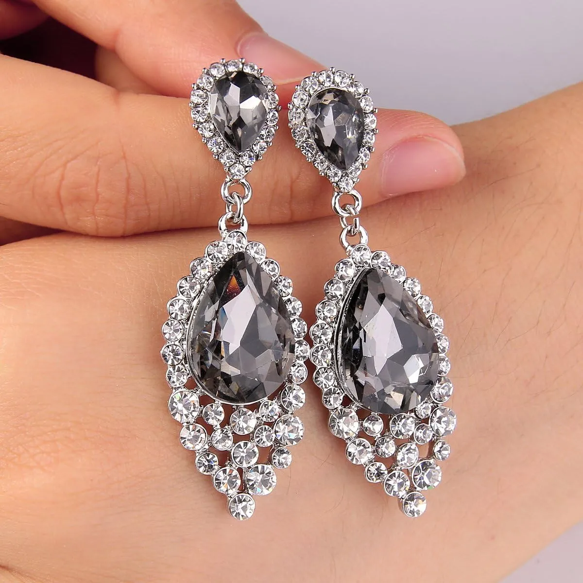 BriLove Women's Wedding Bridal Crystal Teardrop Cluster Beaded Chandelier Dangle Pierced Earrings