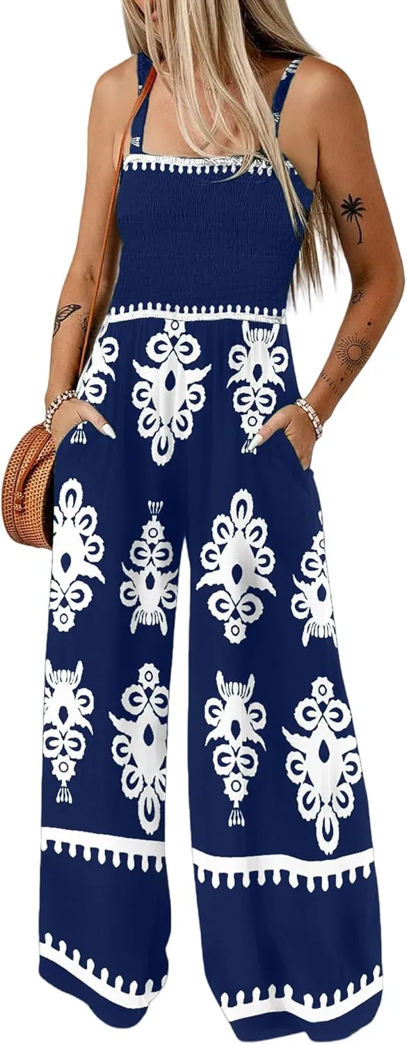 Bsubseach Women Boho Jumpsuits Sleeveless Floral Print High Waist Wide Leg Overalls with Pocket 2025 Summer Vacation Outfits