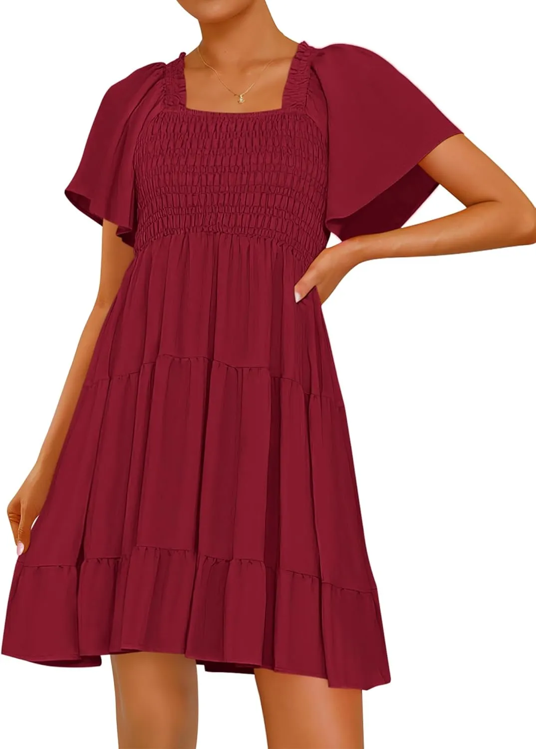 BTFBM Women's Summer Smocked Mini Dress Square Neck Flutter Sleeve Casual Ruffle Flared Swing Boho Beach Dresses Pockets