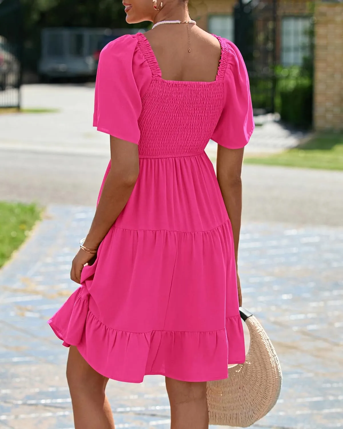 BTFBM Women's Summer Smocked Mini Dress Square Neck Flutter Sleeve Casual Ruffle Flared Swing Boho Beach Dresses Pockets