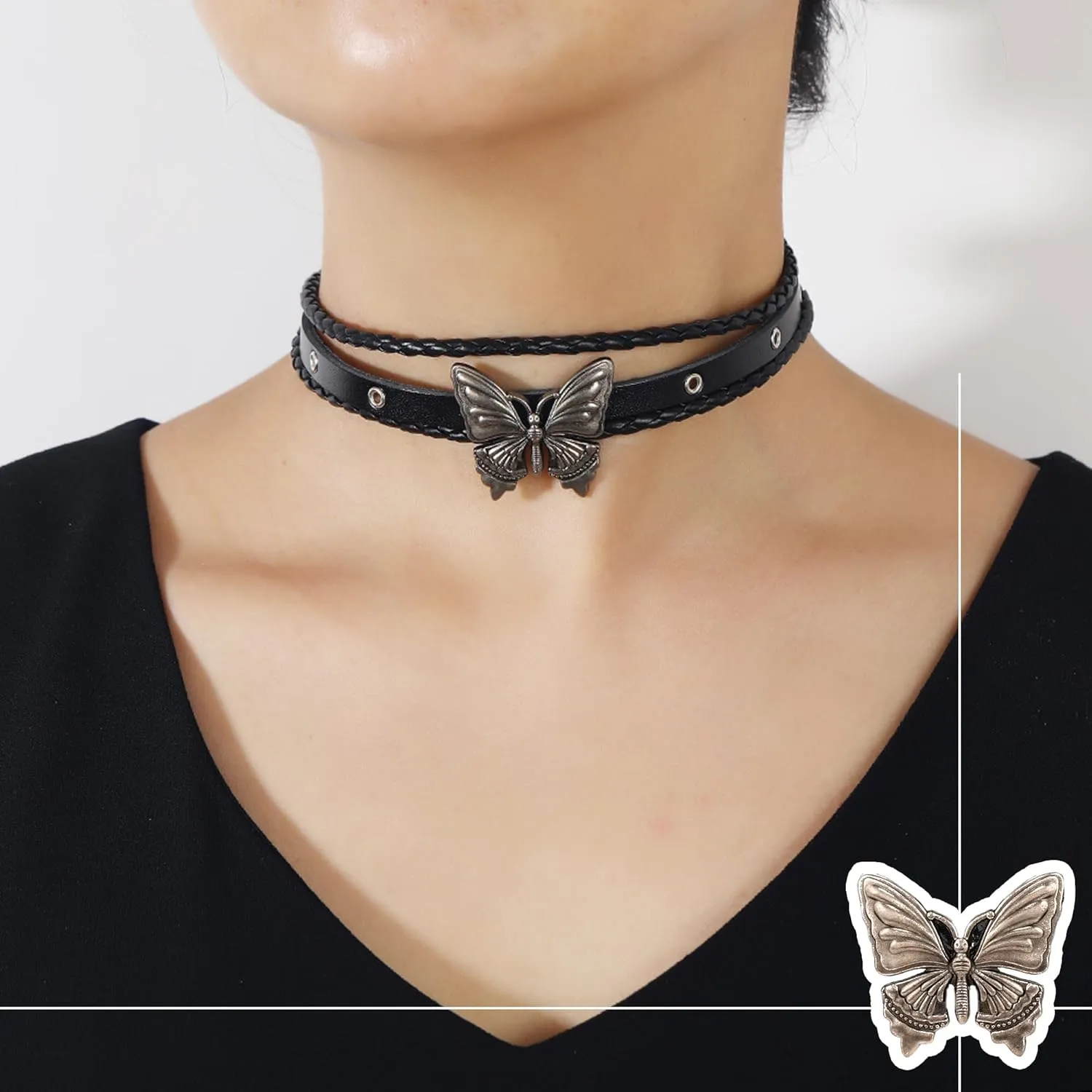 Butterfly Leather Bracelets & Necklace Combo Adjustable Grunge & Punk Gothic Black Single Multi-Layered Choker