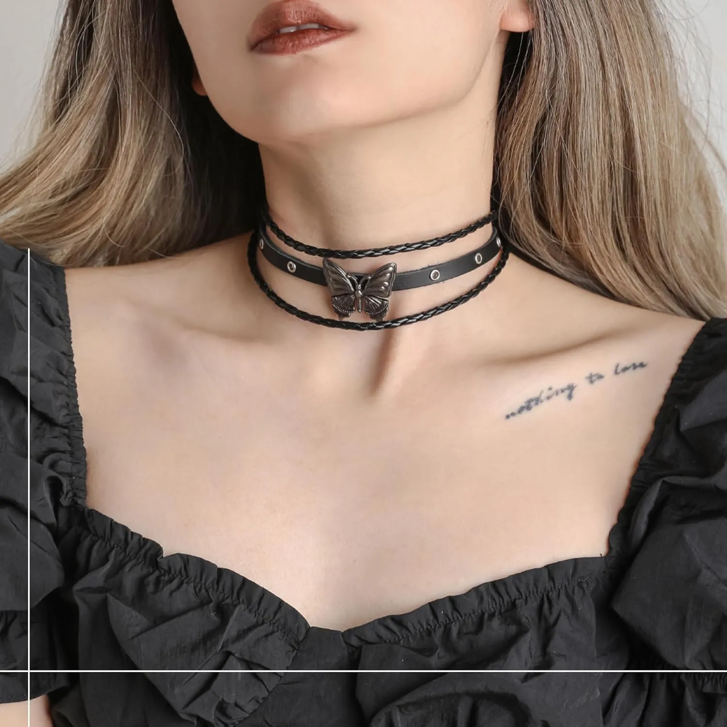 Butterfly Leather Bracelets & Necklace Combo Adjustable Grunge & Punk Gothic Black Single Multi-Layered Choker