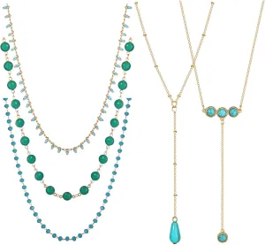 BVGA 5Pcs Dainty Gold Turquoise Necklaces for Women Boho Beaded Handmade Layered Chain Choker Necklace Set Jewelry Gifts