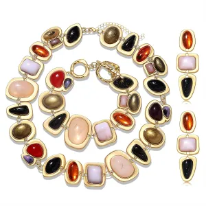 BVGA Vintage Gemstone Necklace Bracelet Earrings for Women Statement Boho Resin Gem Choker Necklace Retro Gemstone Charm Bracelet Dangle Earrings Vintage Jewelry Gifts