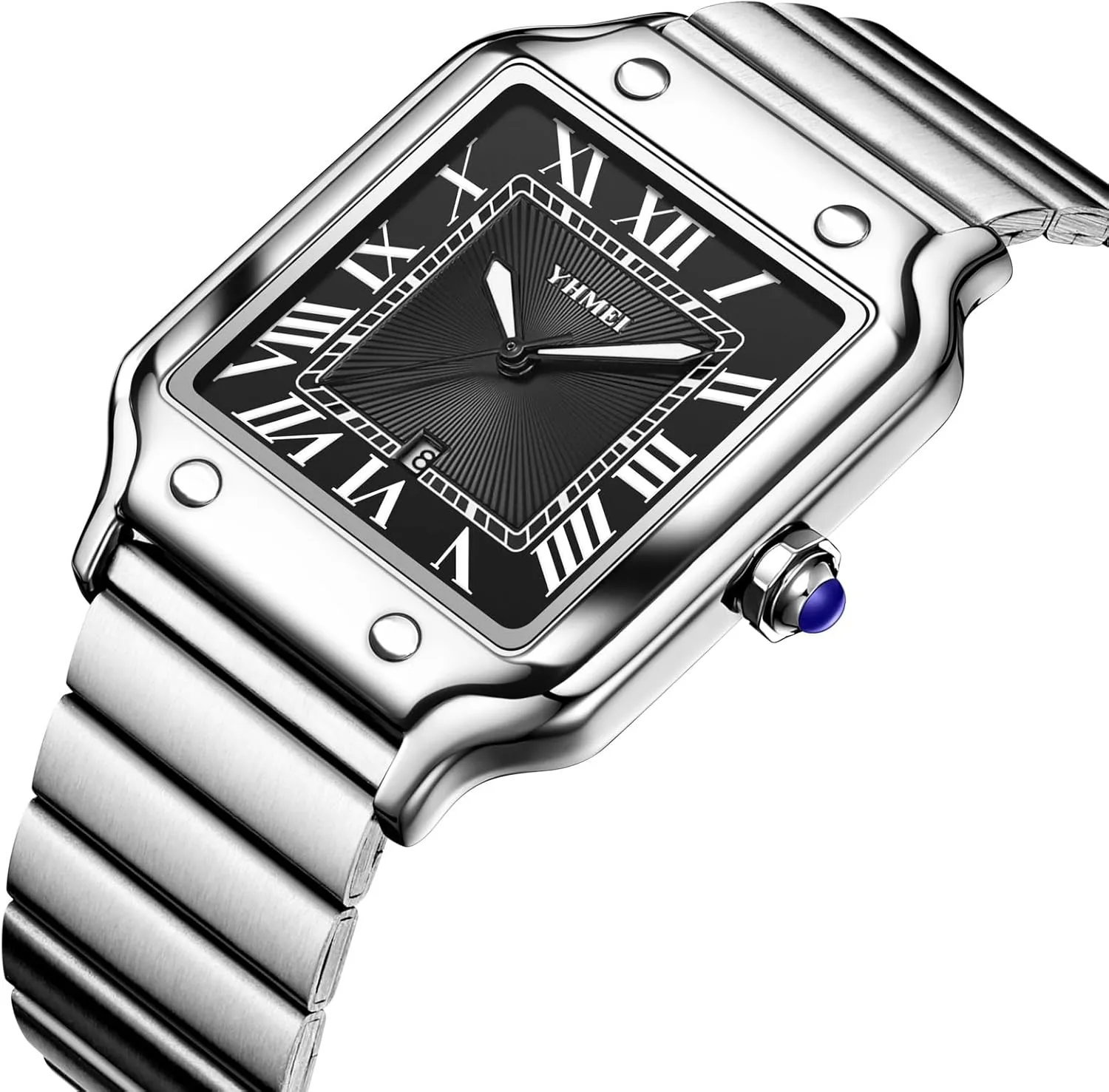 CARLIEN Unisex Classic Square Roman Numerals Silver Analog Waterproof Watches for Women Men Stainless Steel Strap Date Display Casual Wristwatch