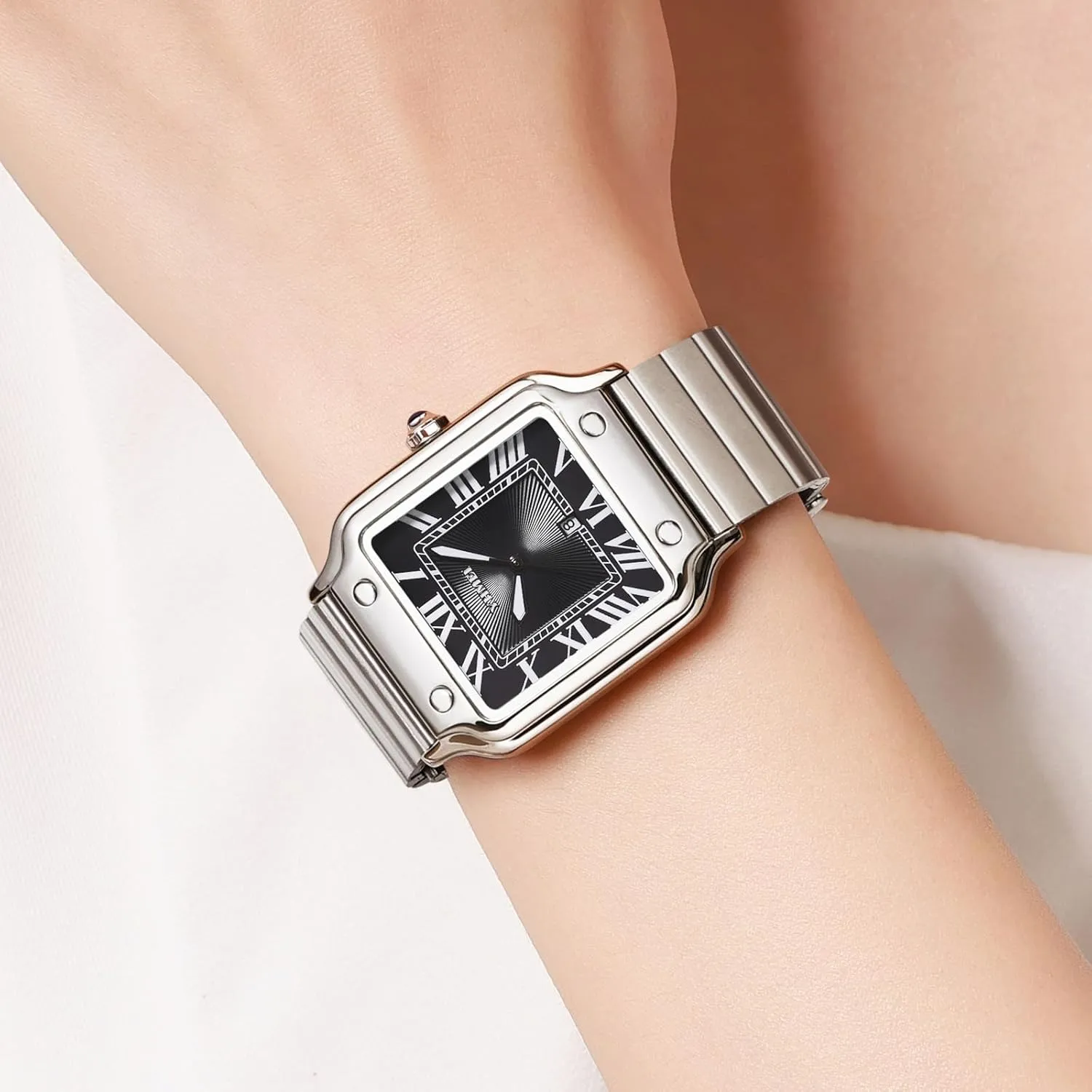 CARLIEN Unisex Classic Square Roman Numerals Silver Analog Waterproof Watches for Women Men Stainless Steel Strap Date Display Casual Wristwatch