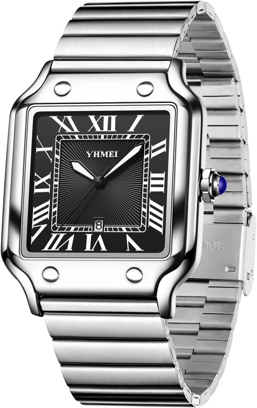 CARLIEN Unisex Classic Square Roman Numerals Silver Analog Waterproof Watches for Women Men Stainless Steel Strap Date Display Casual Wristwatch