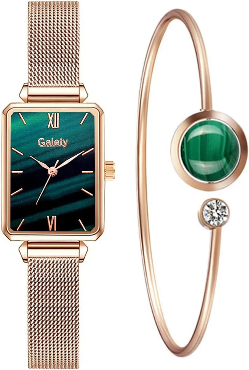 CdyBox Women Watche Alloy Mesh Strap Small Green Watch Bracelet Set Square Head Quartz Dress Wrist Watches