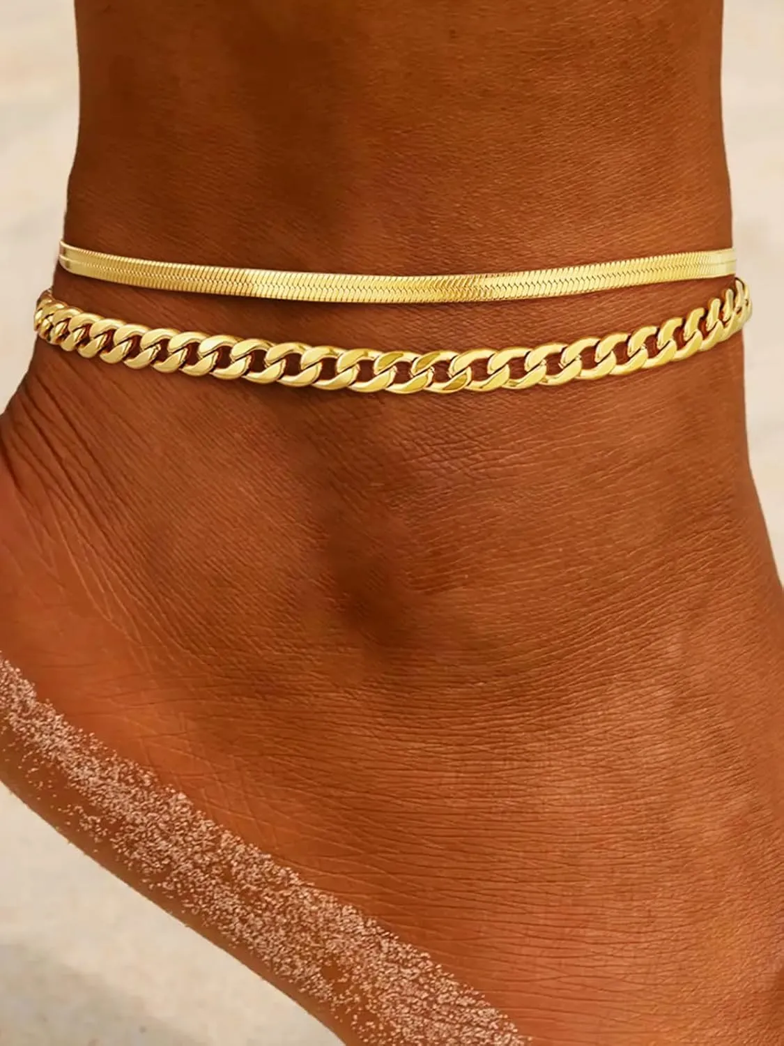 ChainsHouse Anklet Bracelets for Women, Gold Plated/Stainless Steel Layered Waterproof Anklets Cubic Zirconia Snake Cuban Chain Anklets Set for Women Summer Beach Jewelry Gifts