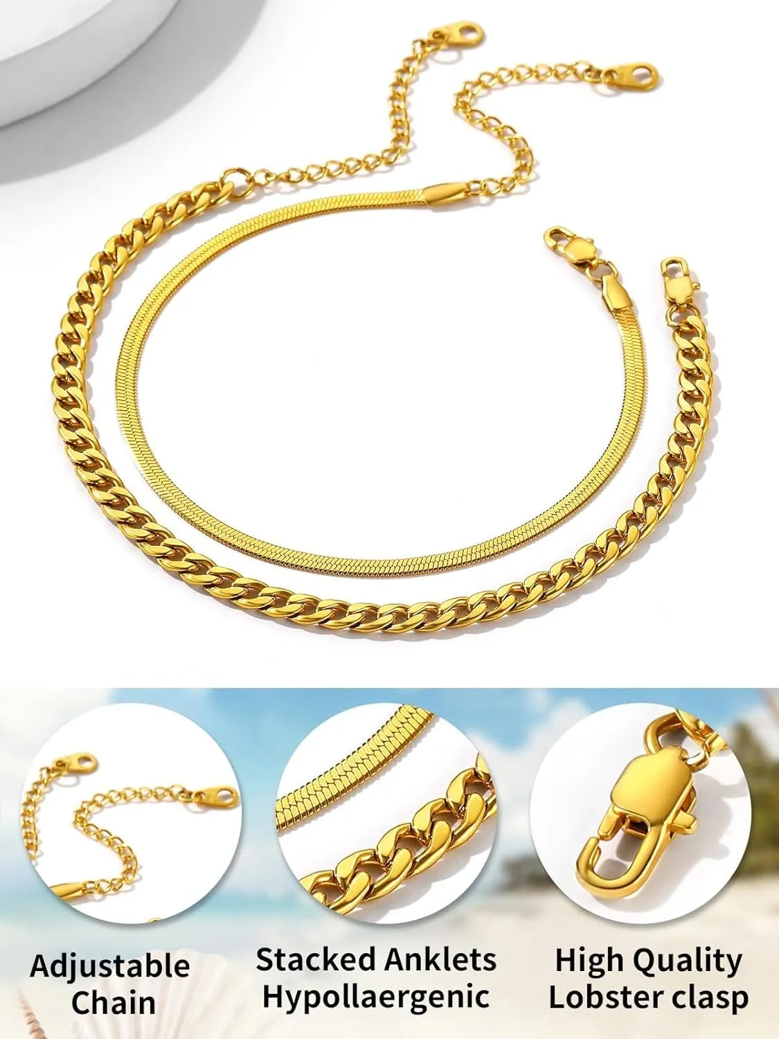 ChainsHouse Anklet Bracelets for Women, Gold Plated/Stainless Steel Layered Waterproof Anklets Cubic Zirconia Snake Cuban Chain Anklets Set for Women Summer Beach Jewelry Gifts