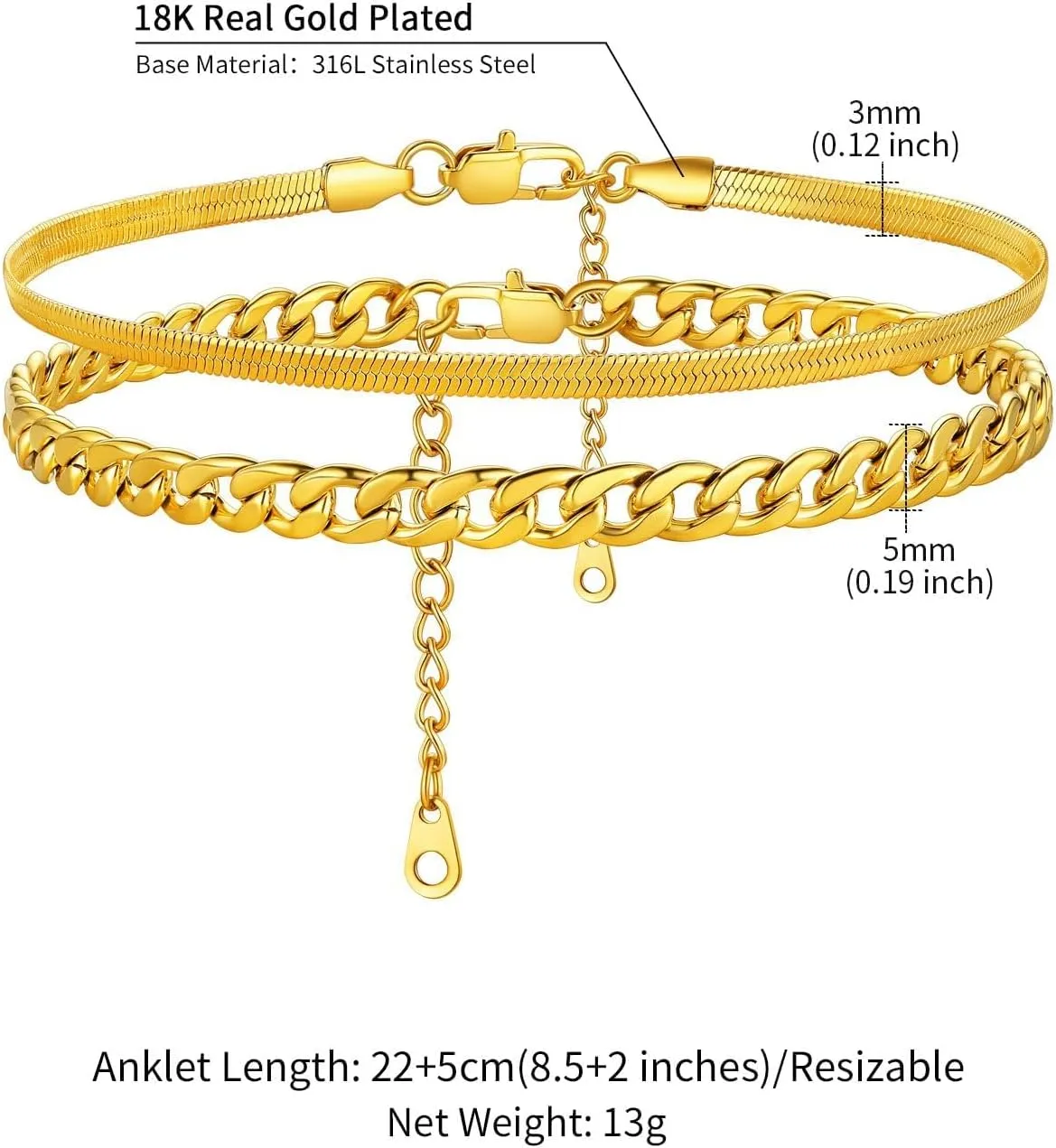 ChainsHouse Anklet Bracelets for Women, Gold Plated/Stainless Steel Layered Waterproof Anklets Cubic Zirconia Snake Cuban Chain Anklets Set for Women Summer Beach Jewelry Gifts