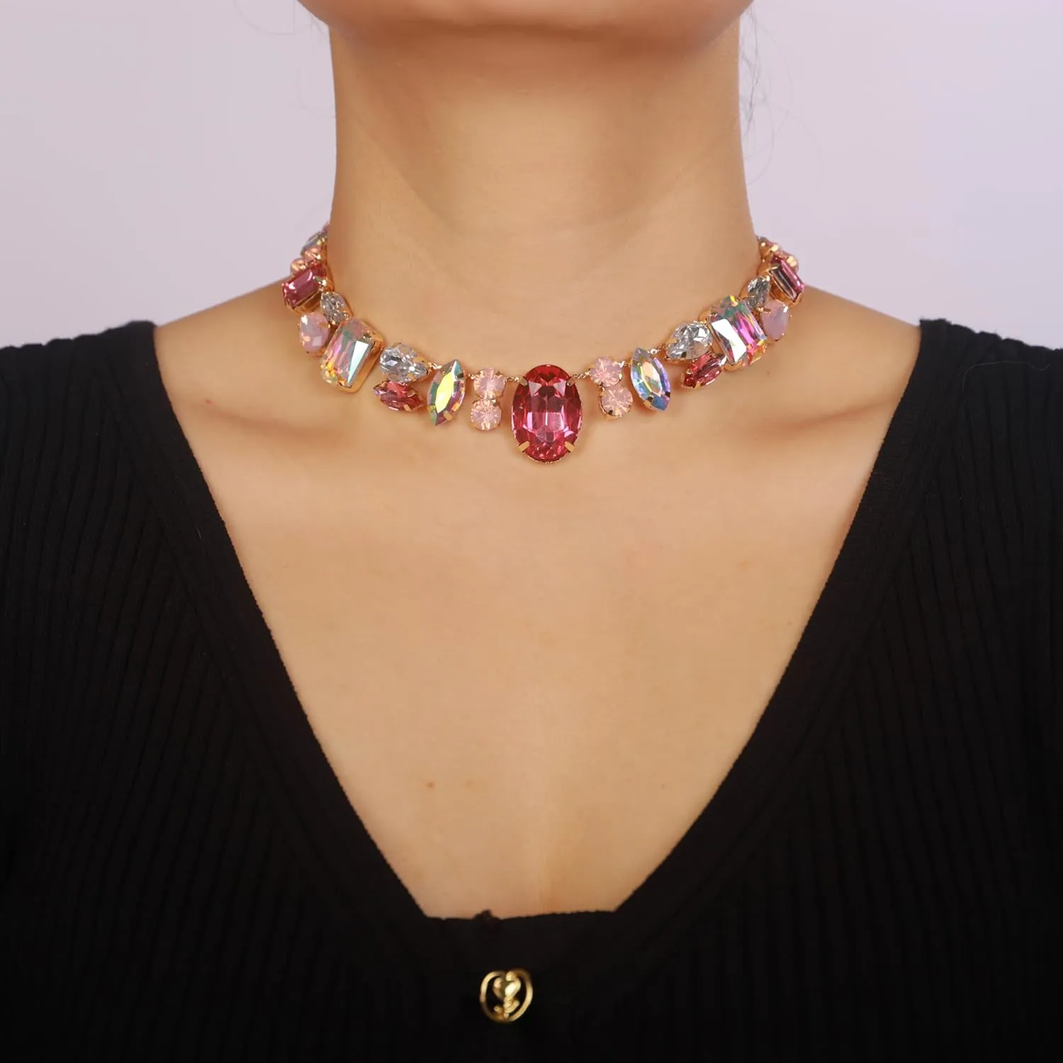 Chargances Charm Blue Full Rhinestone Necklace Sparkle Geometric Crystal Choker Luxurious Statement Short Neck Chunky Chain Collar for Women
