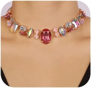 Chargances Charm Blue Full Rhinestone Necklace Sparkle Geometric Crystal Choker Luxurious Statement Short Neck Chunky Chain Collar for Women