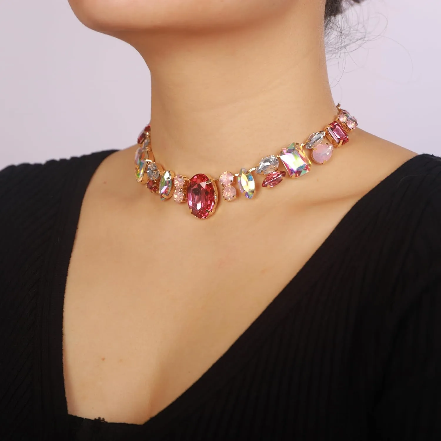 Chargances Charm Blue Full Rhinestone Necklace Sparkle Geometric Crystal Choker Luxurious Statement Short Neck Chunky Chain Collar for Women
