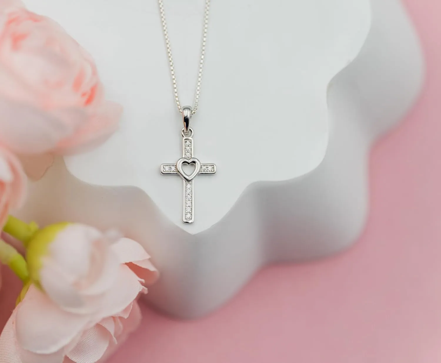 Cherished Moments Children's Sterling Silver Cross Necklace with Hearts for First Communion Gift for Girls