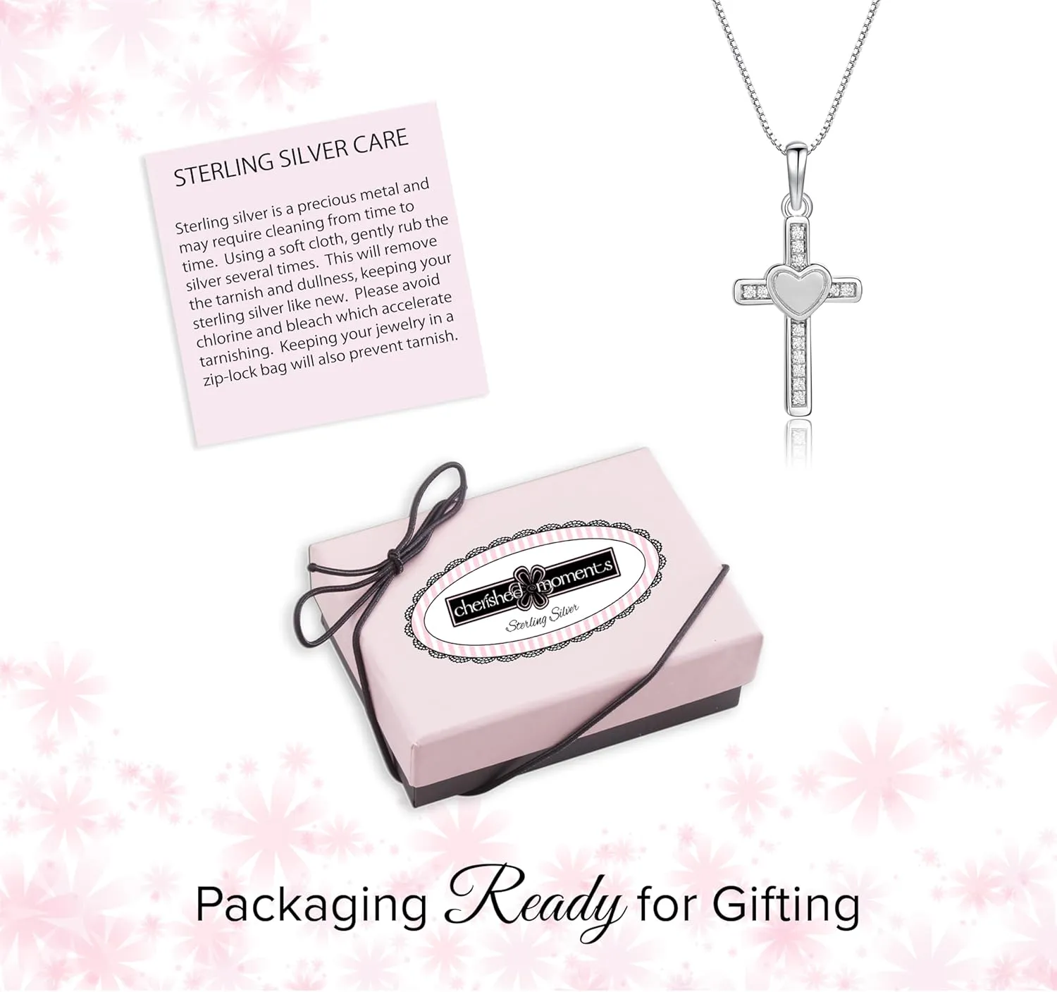 Cherished Moments Children's Sterling Silver Cross Necklace with Hearts for First Communion Gift for Girls