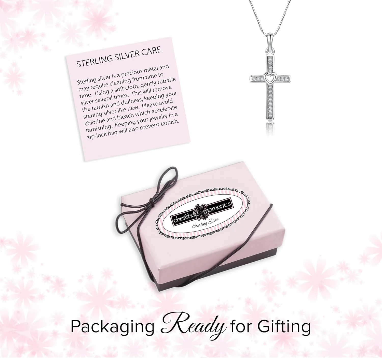 Cherished Moments Children's Sterling Silver Cross Necklace with Hearts for First Communion Gift for Girls