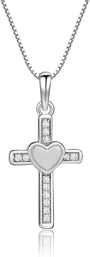 Cherished Moments Children's Sterling Silver Cross Necklace with Hearts for First Communion Gift for Girls