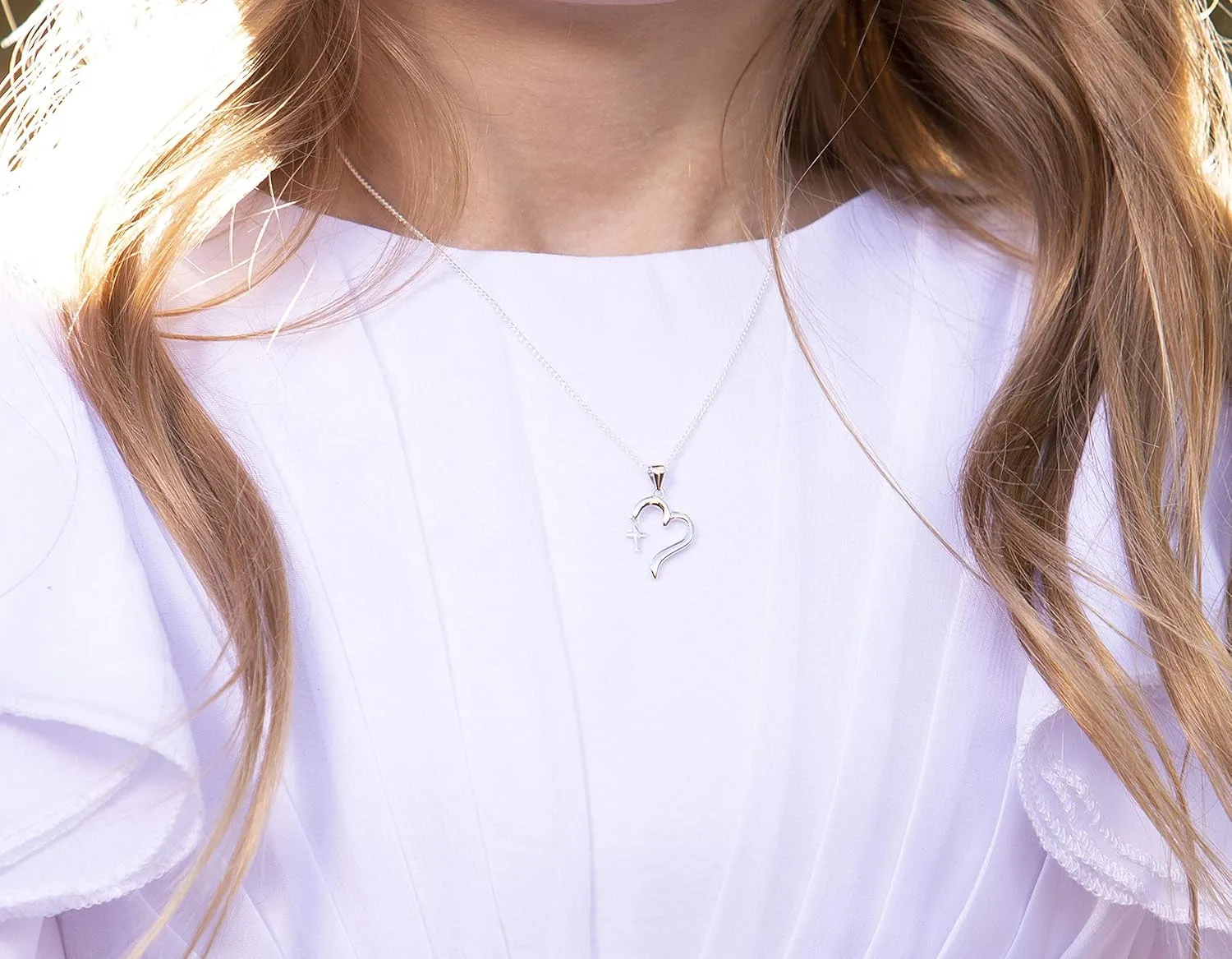 Cherished Moments Girl's Sterling Silver First Communion or Confirmation "Dangling Cross" Heart Necklace