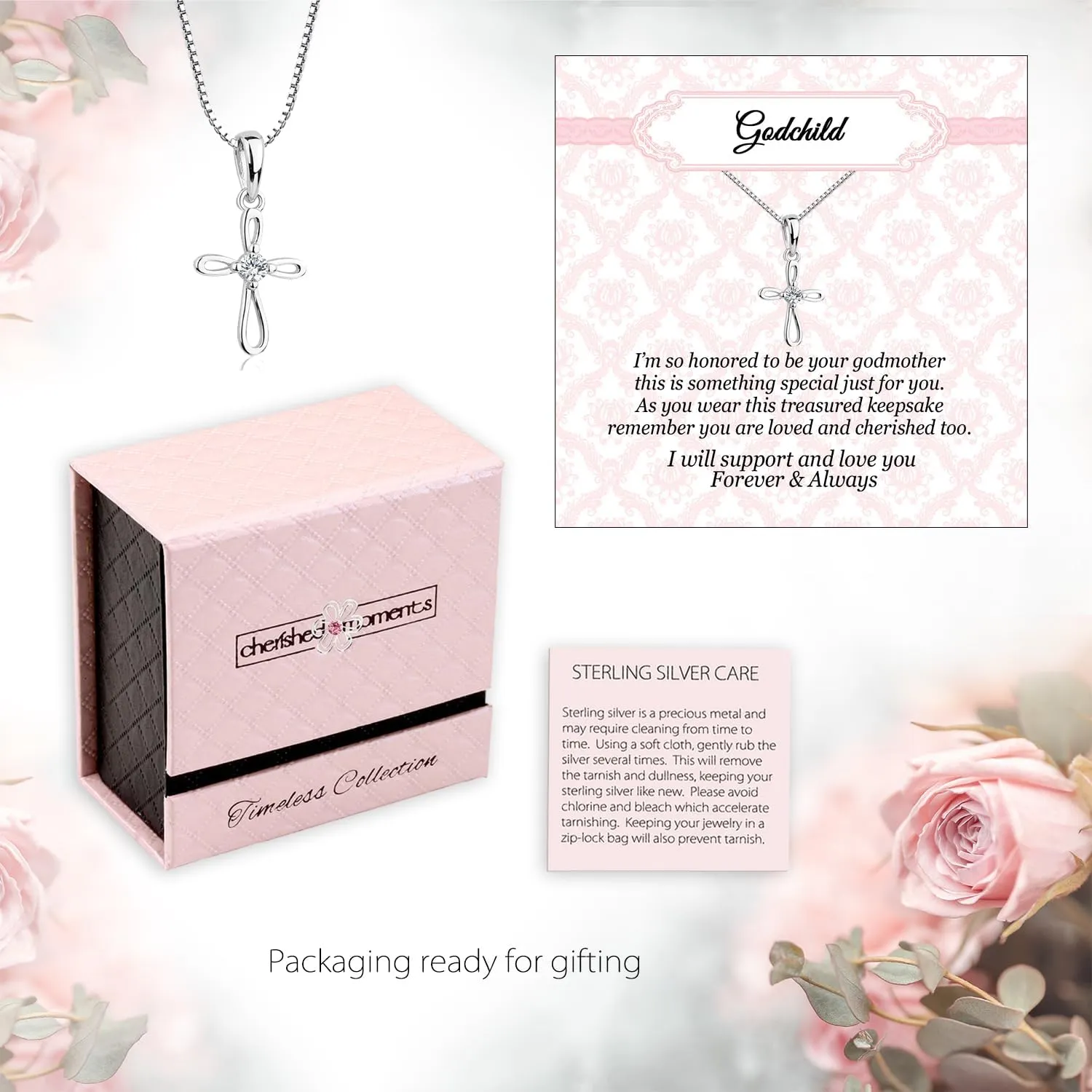 Cherished Moments Sterling Silver and 14K Gold-Plated Cross Necklaces for Godchild Gift with Poem in Gift Box