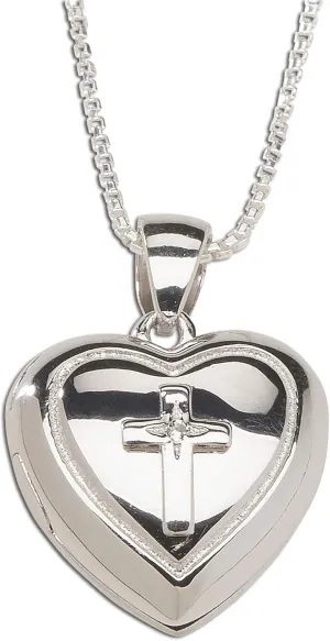 Cherished Moments Sterling Silver First Communion Cross Heart Locket Necklace with White Sapphire Accent