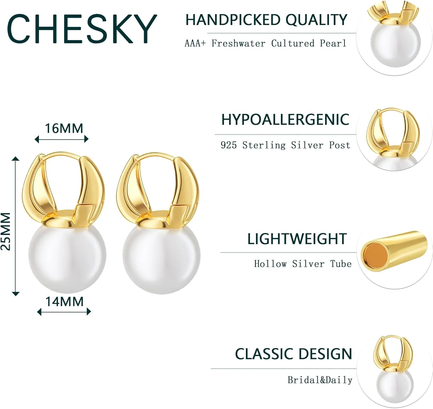 CHESKY Pearl Earrings for Women, Dainty 14K Gold Plated/925 Sterling Silver Drop Quality Handpicked AAA  Freshwater Cultured Round Pearls Dangle Earrings Wedding Jewelry for Women Gifts