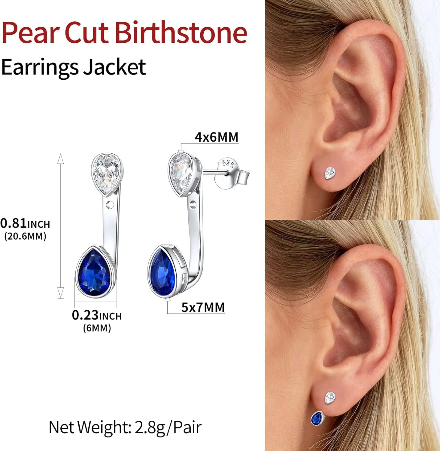 ChicSilver 925 Sterling Silver Double Pear Shape Birthstone Ear Jacket Front Back Earrings for Women