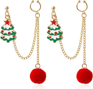 Christmas Earrings Christmas Ear Cuff Earrings Christmas Tree Santa Chain Earrings for Women Holiday Pom Pom Dangle Earrings Christmas Jewelry