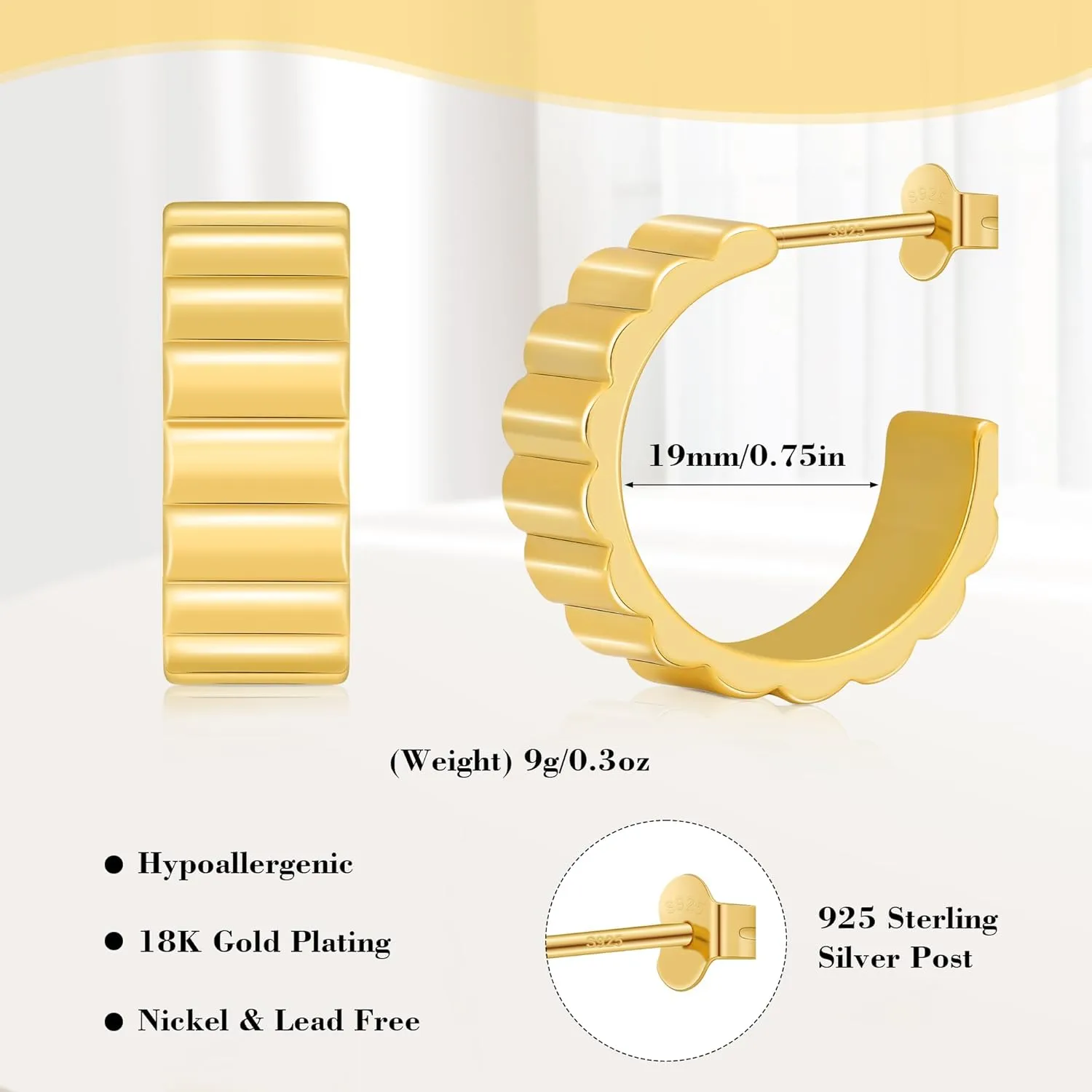 Chunky Gold Earrings for Women,18K Gold Plated Statement Geometric Earrings Hypoallergenic Hoop Earrings for Women